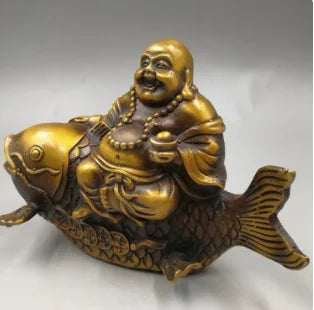 6'' Tibet Copper Brass Animal Wealth Good Fortune Fish Maitreya Buddha