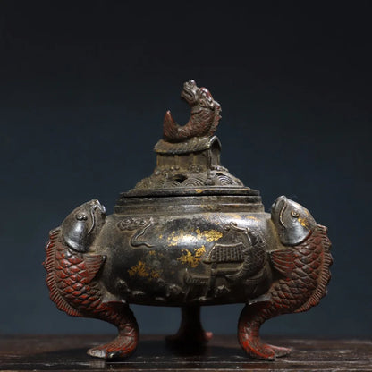 6"Tibet Temple Collection Old Bronze Cinnabar Gilding Dragon Fish Statue fish Ear Three legged incense burner Ornaments