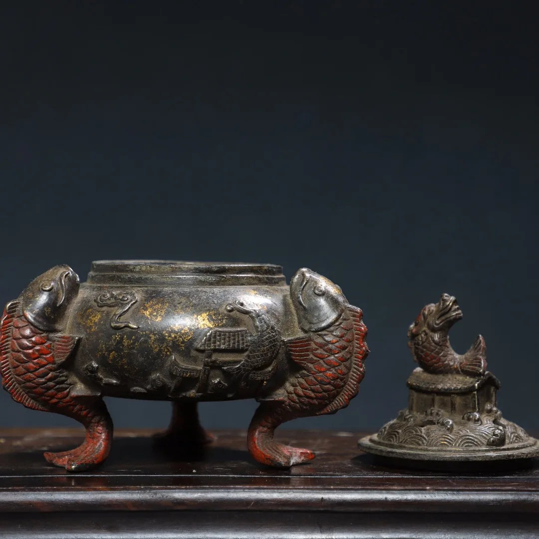 6"Tibet Temple Collection Old Bronze Cinnabar Gilding Dragon Fish Statue fish Ear Three legged incense burner Ornaments