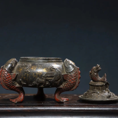 6"Tibet Temple Collection Old Bronze Cinnabar Gilding Dragon Fish Statue fish Ear Three legged incense burner Ornaments