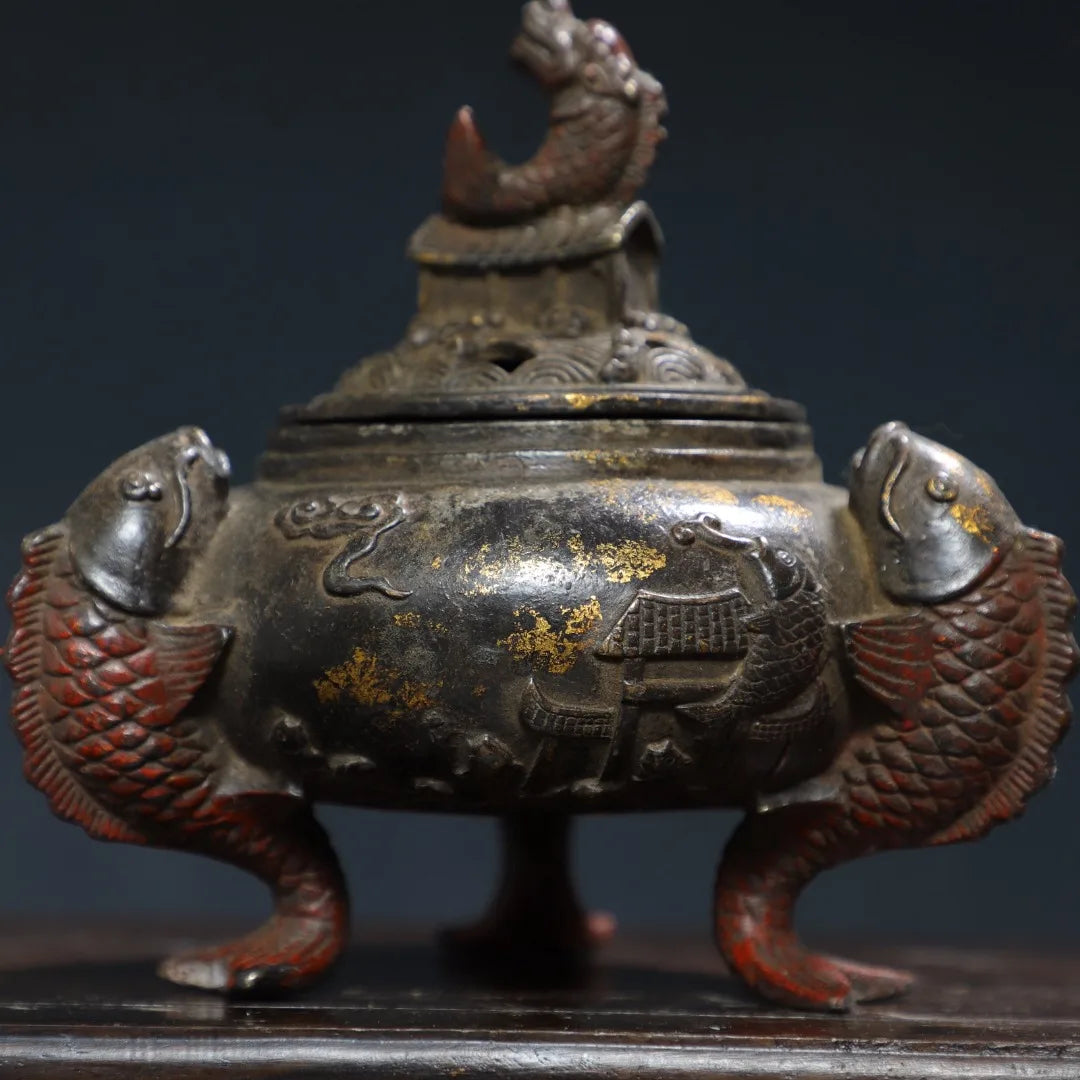 6"Tibet Temple Collection Old Bronze Cinnabar Gilding Dragon Fish Statue fish Ear Three legged incense burner Ornaments