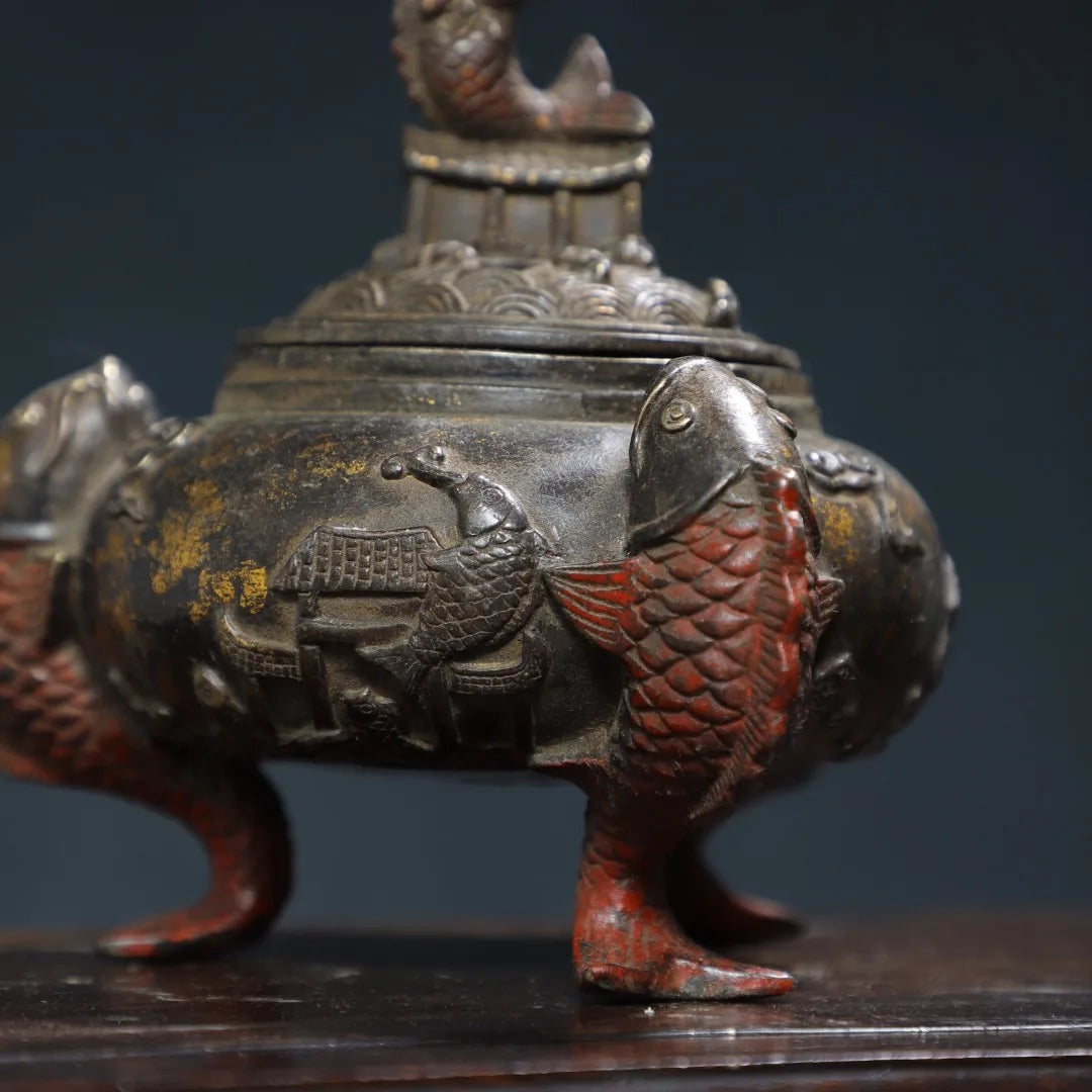 6"Tibet Temple Collection Old Bronze Cinnabar Gilding Dragon Fish Statue fish Ear Three legged incense burner Ornaments