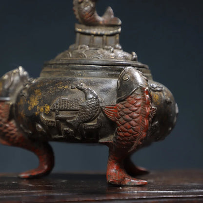 6"Tibet Temple Collection Old Bronze Cinnabar Gilding Dragon Fish Statue fish Ear Three legged incense burner Ornaments