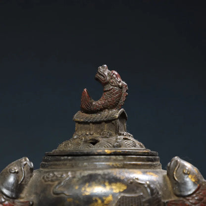 6"Tibet Temple Collection Old Bronze Cinnabar Gilding Dragon Fish Statue fish Ear Three legged incense burner Ornaments