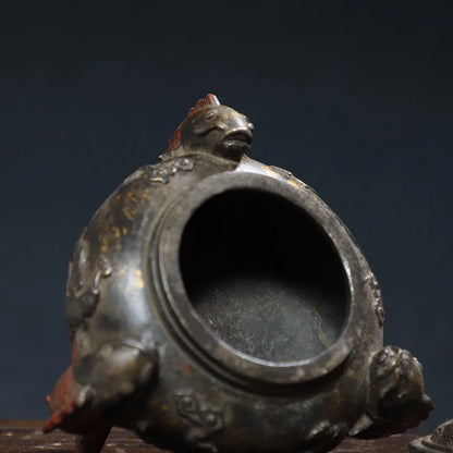 6"Tibet Temple Collection Old Bronze Cinnabar Gilding Dragon Fish Statue fish Ear Three legged incense burner Ornaments
