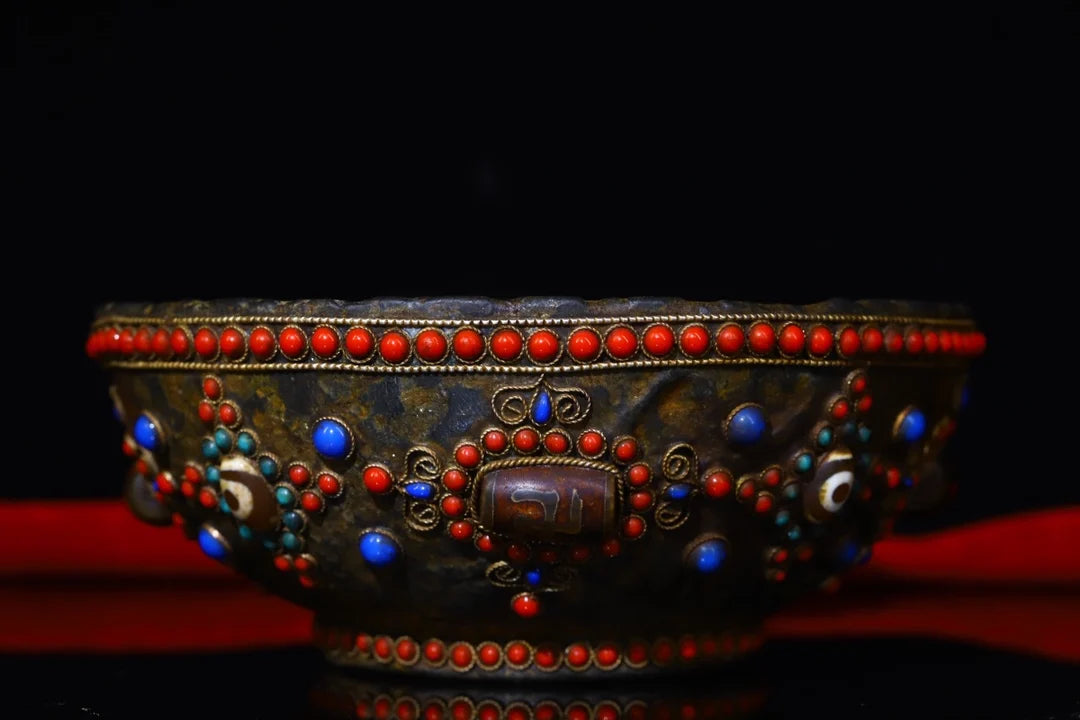 6"Tibet Temple Collection Old Natural meteorite Gem Dzi Bead Enshrine Bowl offering bowl prayer bowl Worship Hall Town House