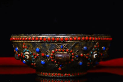 6"Tibet Temple Collection Old Natural meteorite Gem Dzi Bead Enshrine Bowl offering bowl prayer bowl Worship Hall Town House