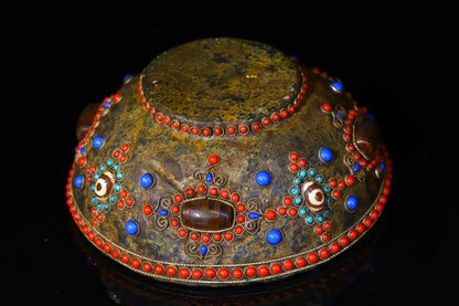 6"Tibet Temple Collection Old Natural meteorite Gem Dzi Bead Enshrine Bowl offering bowl prayer bowl Worship Hall Town House