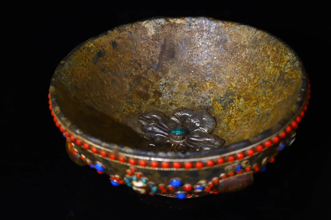 6"Tibet Temple Collection Old Natural meteorite Gem Dzi Bead Enshrine Bowl offering bowl prayer bowl Worship Hall Town House