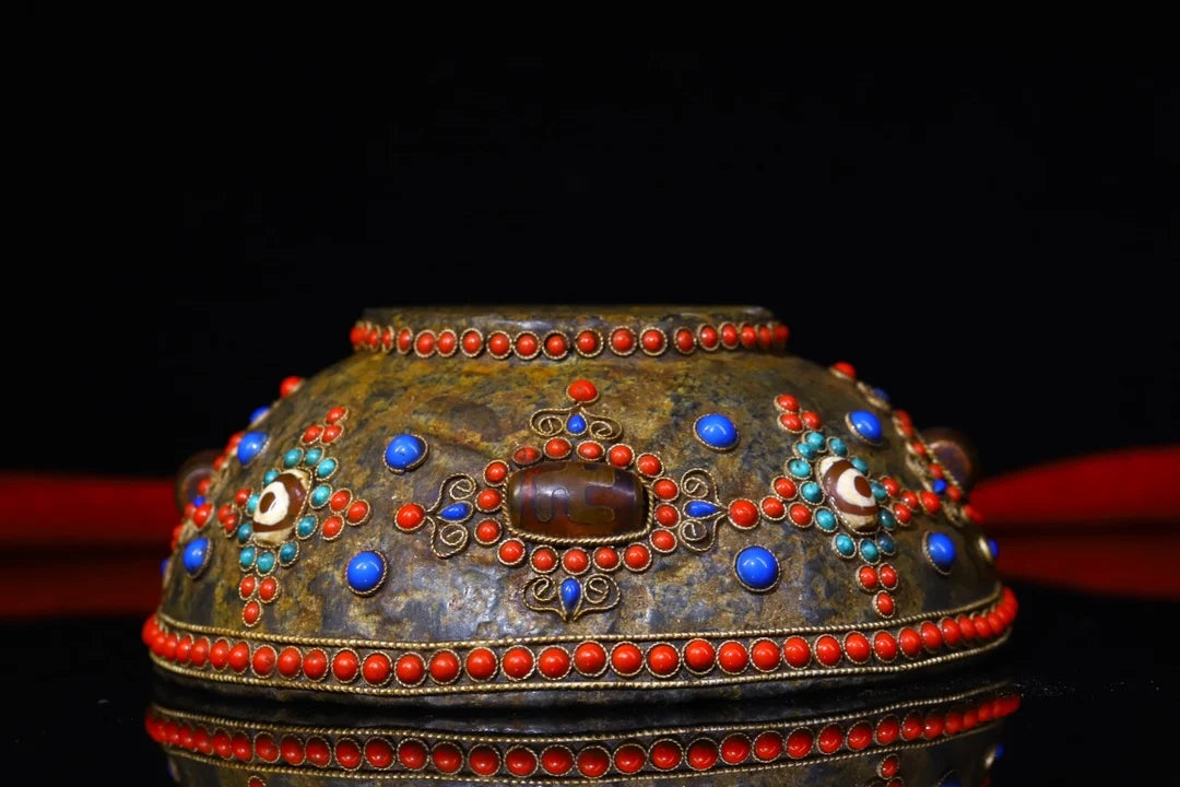 6"Tibet Temple Collection Old Natural meteorite Gem Dzi Bead Enshrine Bowl offering bowl prayer bowl Worship Hall Town House