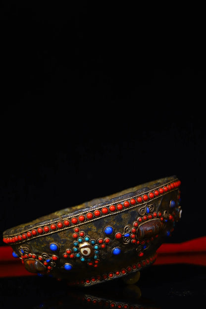 6"Tibet Temple Collection Old Natural meteorite Gem Dzi Bead Enshrine Bowl offering bowl prayer bowl Worship Hall Town House