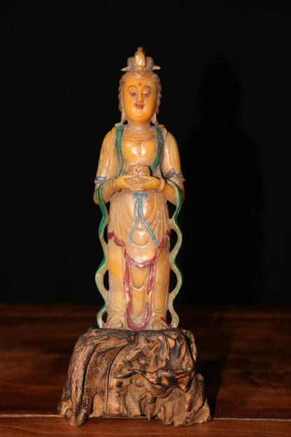 6"Tibet Temple Collection Old Tianhuang Stone Guanyin Bodhisattva Buddha Amitabha Wooden base Worship Hall Town house Exorcism