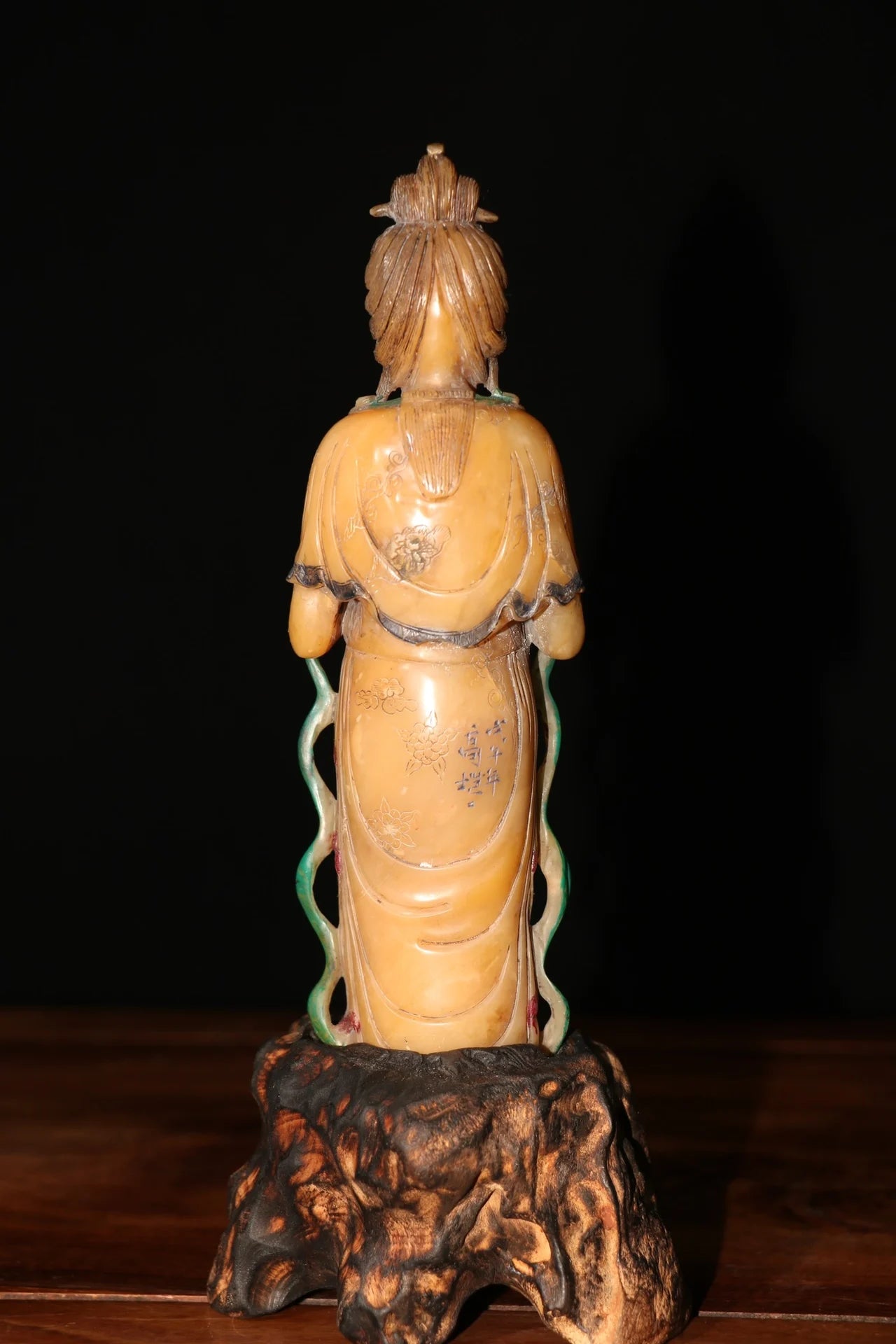 6"Tibet Temple Collection Old Tianhuang Stone Guanyin Bodhisattva Buddha Amitabha Wooden base Worship Hall Town house Exorcism