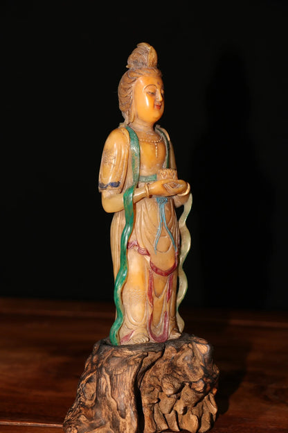 6"Tibet Temple Collection Old Tianhuang Stone Guanyin Bodhisattva Buddha Amitabha Wooden base Worship Hall Town house Exorcism