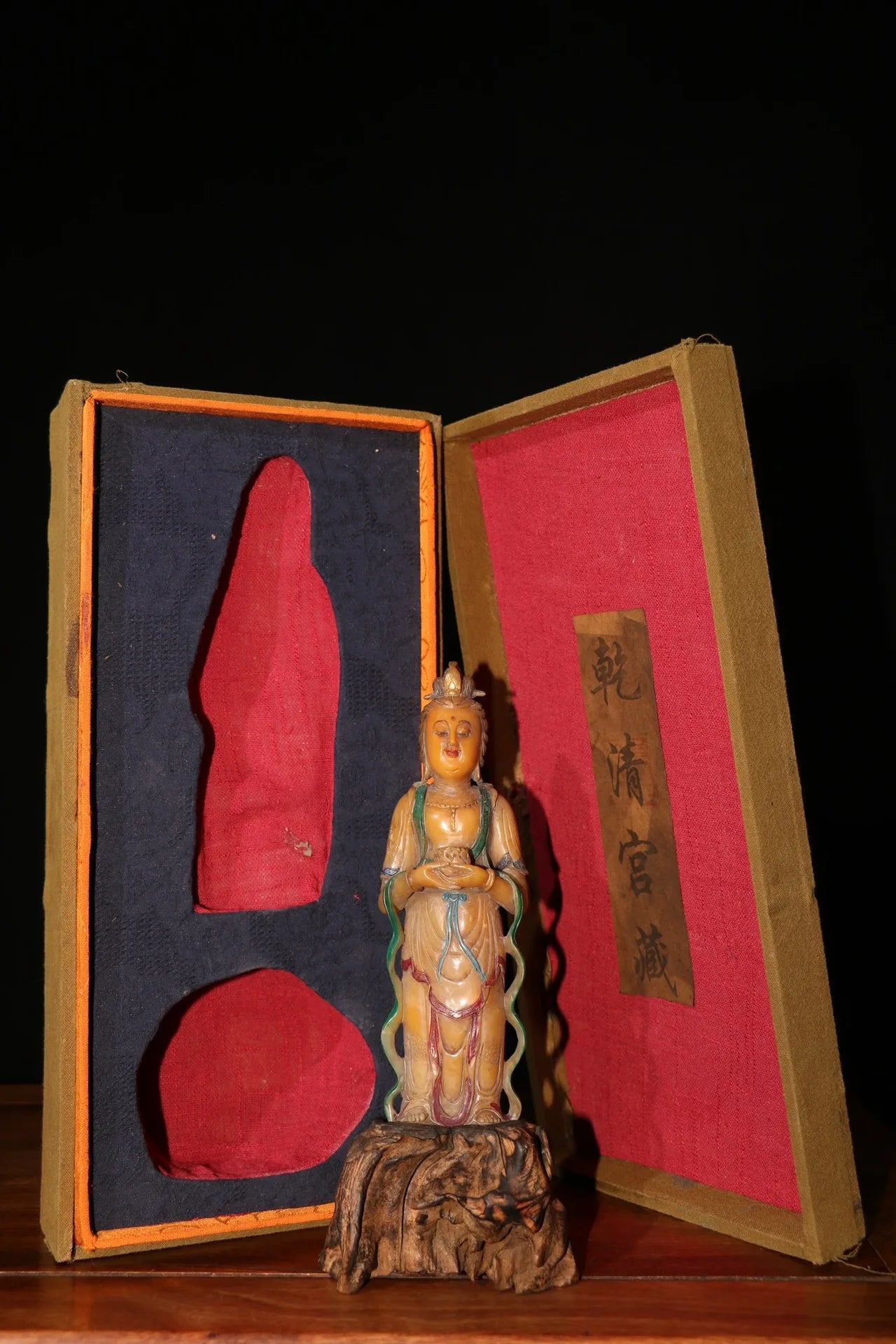 6"Tibet Temple Collection Old Tianhuang Stone Guanyin Bodhisattva Buddha Amitabha Wooden base Worship Hall Town house Exorcism