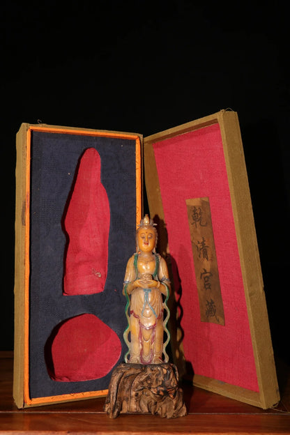 6"Tibet Temple Collection Old Tianhuang Stone Guanyin Bodhisattva Buddha Amitabha Wooden base Worship Hall Town house Exorcism