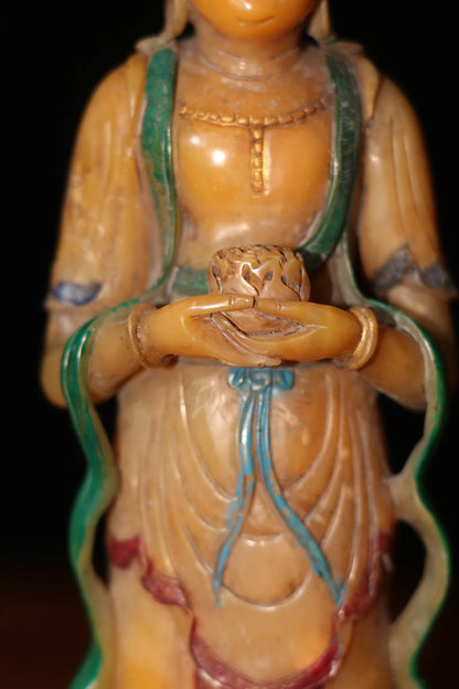 6"Tibet Temple Collection Old Tianhuang Stone Guanyin Bodhisattva Buddha Amitabha Wooden base Worship Hall Town house Exorcism