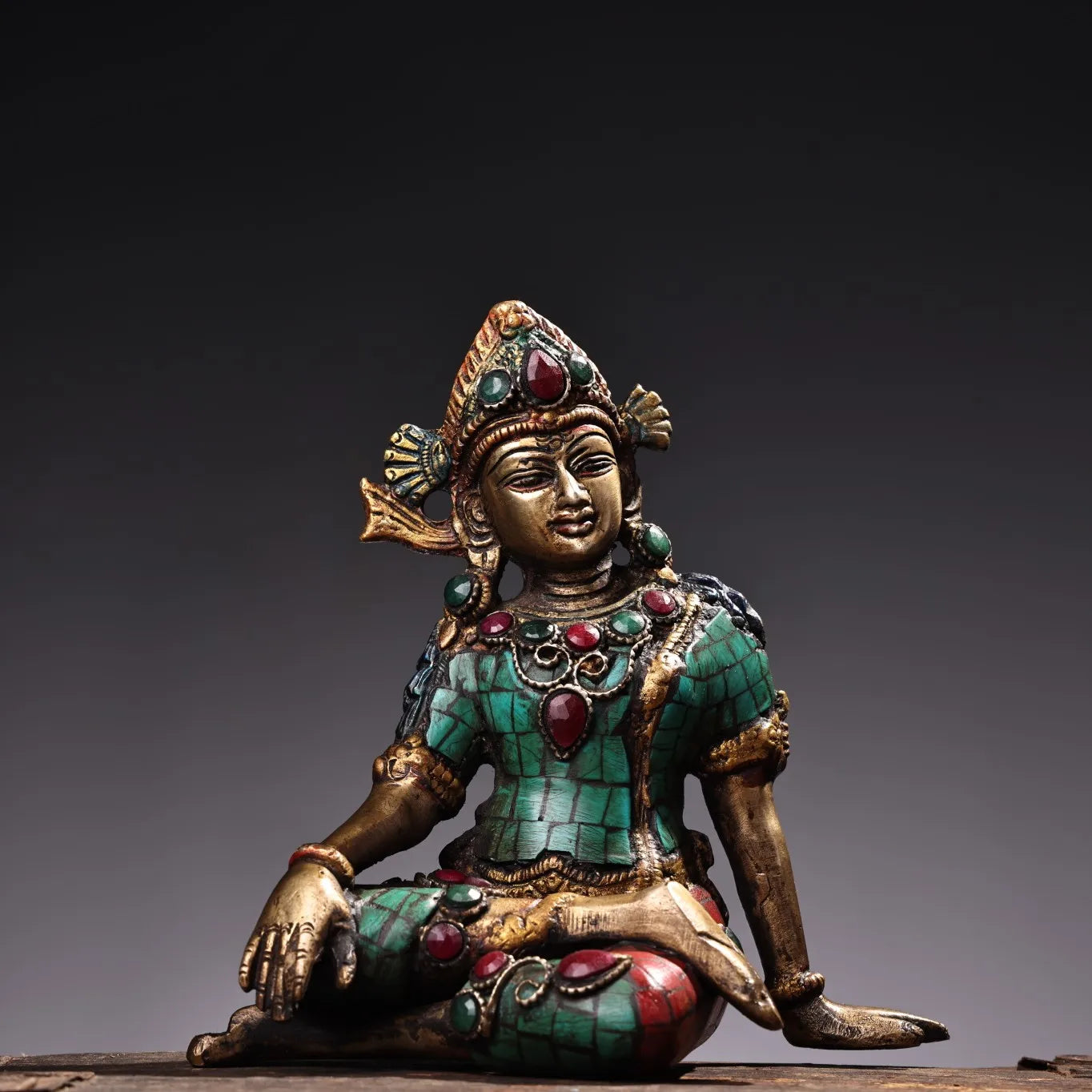 6"Tibetan Temple Collection Bronze Outline in gold Mosaic Gem Turquoise free Tara Sitting Buddha Worship Hall Town house