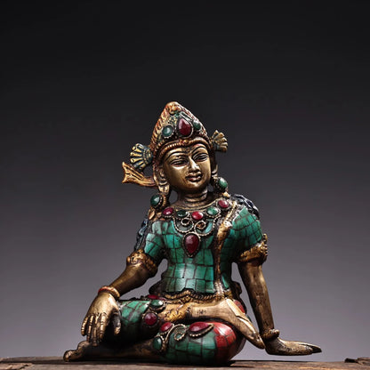 6"Tibetan Temple Collection Bronze Outline in gold Mosaic Gem Turquoise free Tara Sitting Buddha Worship Hall Town house