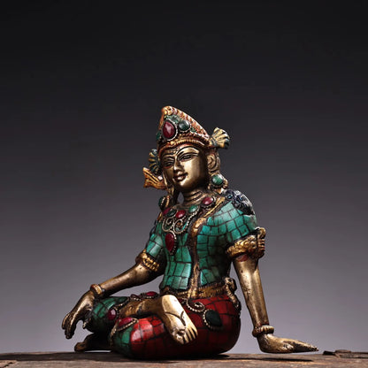 6"Tibetan Temple Collection Bronze Outline in gold Mosaic Gem Turquoise free Tara Sitting Buddha Worship Hall Town house