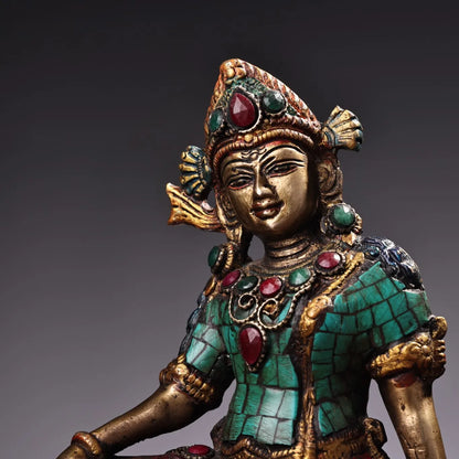 6"Tibetan Temple Collection Bronze Outline in gold Mosaic Gem Turquoise free Tara Sitting Buddha Worship Hall Town house