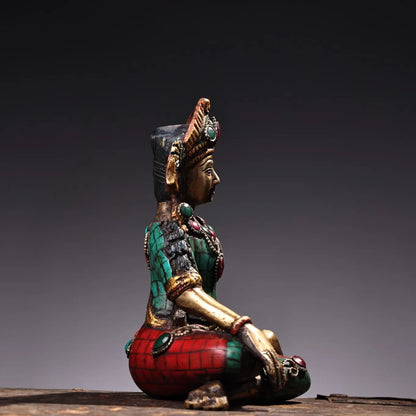 6"Tibetan Temple Collection Bronze Outline in gold Mosaic Gem Turquoise free Tara Sitting Buddha Worship Hall Town house