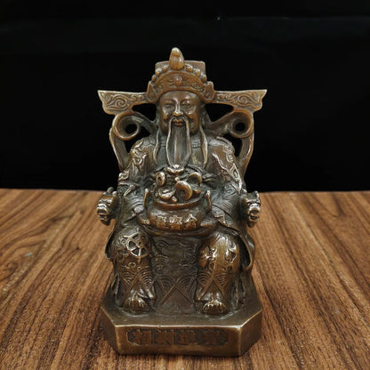 6"Tibetan Temple Collection Old Brass God of wealth Dragon pattern Sitting figure Worship Hall Town House Exorcism