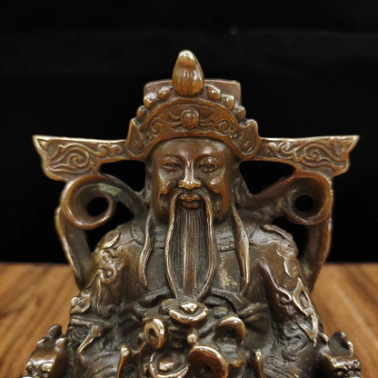6"Tibetan Temple Collection Old Brass God of wealth Dragon pattern Sitting figure Worship Hall Town House Exorcism
