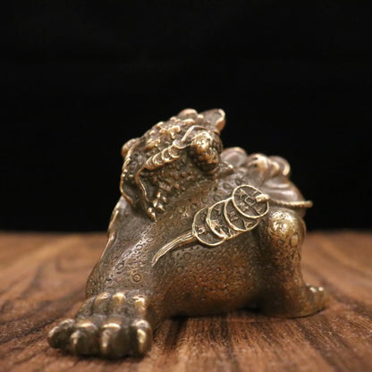 6"Tibetan Temple Collection Old Brass mother and child golden toad Gather fortune wealth ornament Town house Exorcism