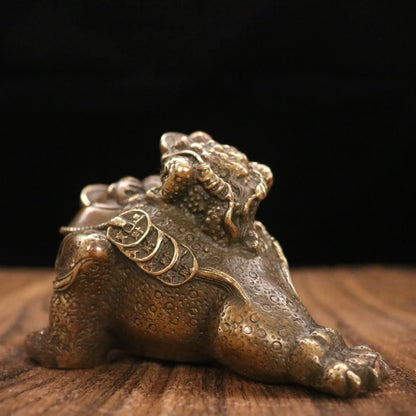 6"Tibetan Temple Collection Old Brass mother and child golden toad Gather fortune wealth ornament Town house Exorcism