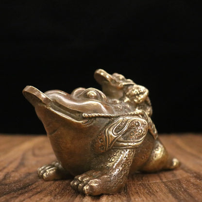 6"Tibetan Temple Collection Old Brass mother and child golden toad Gather fortune wealth ornament Town house Exorcism