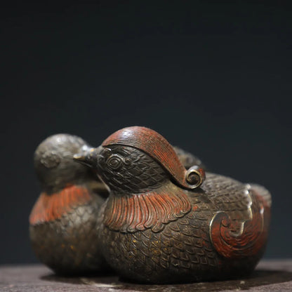 6"Tibetan Temple Collection Old Bronze Cinnabar Gilding Mandarin Duck lovebirds symbol incense burner Amass wealth Ornaments