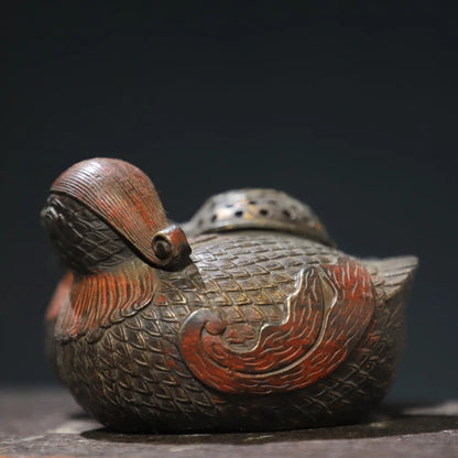 6"Tibetan Temple Collection Old Bronze Cinnabar Gilding Mandarin Duck lovebirds symbol incense burner Amass wealth Ornaments