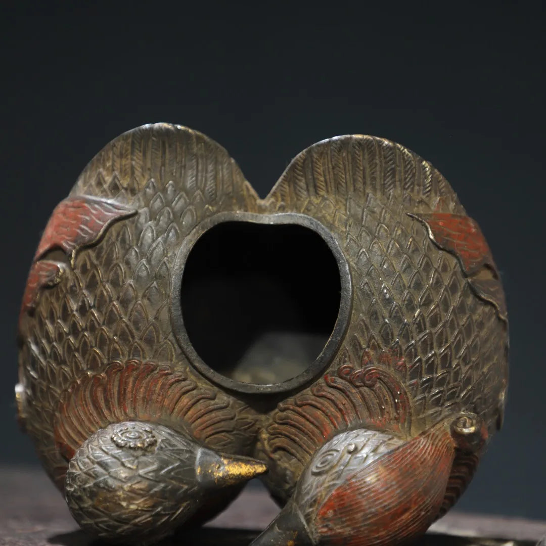 6"Tibetan Temple Collection Old Bronze Cinnabar Gilding Mandarin Duck lovebirds symbol incense burner Amass wealth Ornaments