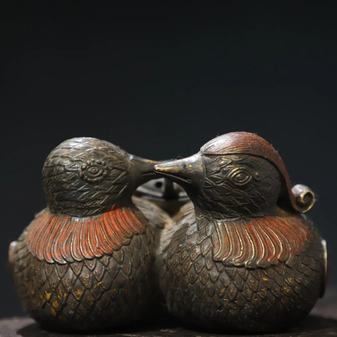 6"Tibetan Temple Collection Old Bronze Cinnabar Gilding Mandarin Duck lovebirds symbol incense burner Amass wealth Ornaments