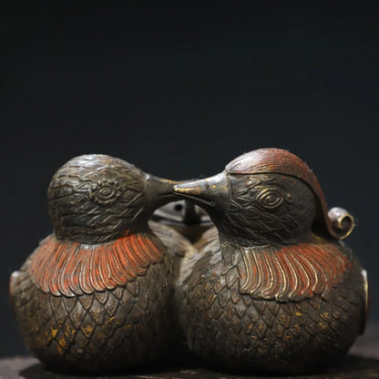 6"Tibetan Temple Collection Old Bronze Cinnabar Gilding Mandarin Duck lovebirds symbol incense burner Amass wealth Ornaments