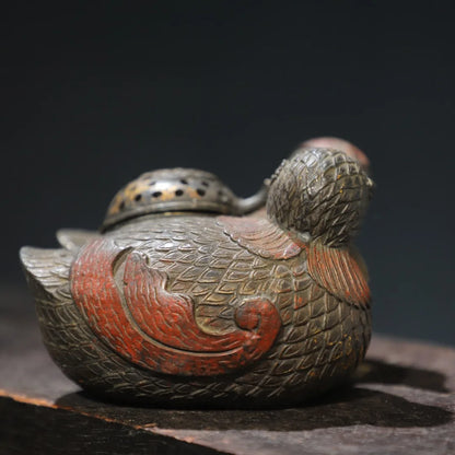 6"Tibetan Temple Collection Old Bronze Cinnabar Gilding Mandarin Duck lovebirds symbol incense burner Amass wealth Ornaments