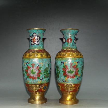 6"Tibetan Temple Collection Old Bronze Cloisonne Enamel Flower texture Bat Bottle Vase A Pair Amass wealth Ornaments Town house