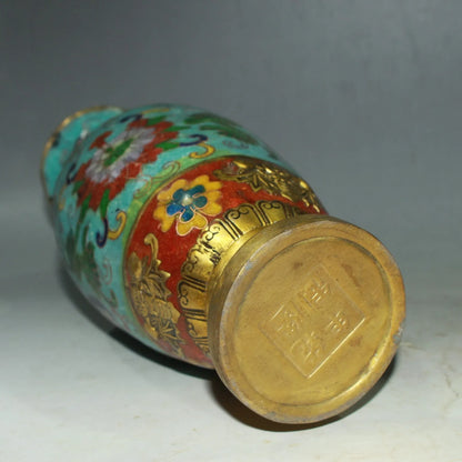 6"Tibetan Temple Collection Old Bronze Cloisonne Enamel Flower texture Bat Bottle Vase A Pair Amass wealth Ornaments Town house