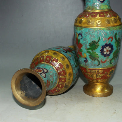 6"Tibetan Temple Collection Old Bronze Cloisonne Enamel Flower texture Bat Bottle Vase A Pair Amass wealth Ornaments Town house