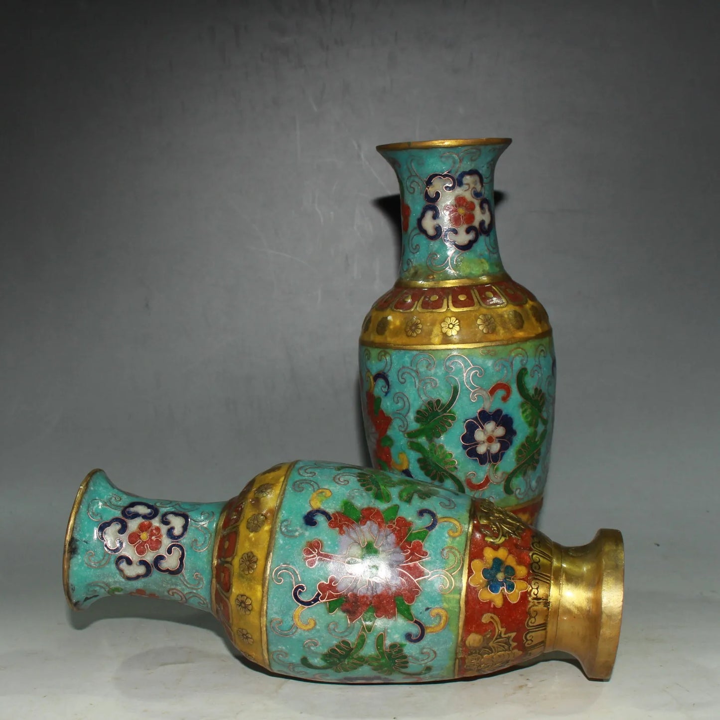 6"Tibetan Temple Collection Old Bronze Cloisonne Enamel Flower texture Bat Bottle Vase A Pair Amass wealth Ornaments Town house
