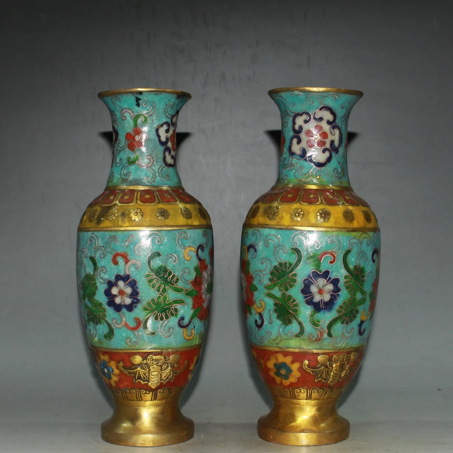 6"Tibetan Temple Collection Old Bronze Cloisonne Enamel Flower texture Bat Bottle Vase A Pair Amass wealth Ornaments Town house