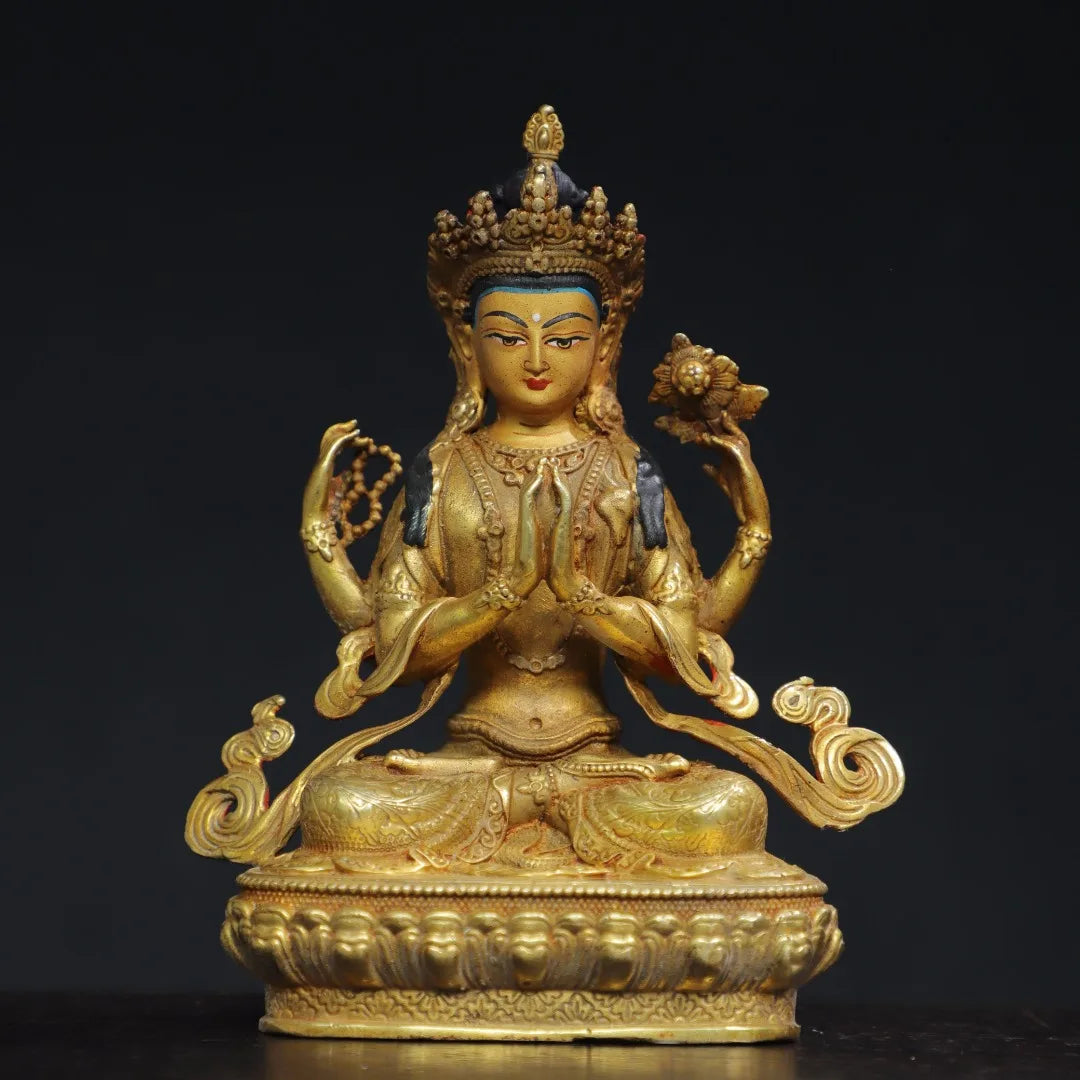 6"Tibetan Temple Collection Old Bronze Gilded  Face Painting Four Arm Guanyin Buddha Lotus Platform Worship Hall