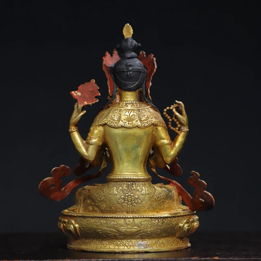 6"Tibetan Temple Collection Old Bronze Gilded  Face Painting Four Arm Guanyin Buddha Lotus Platform Worship Hall