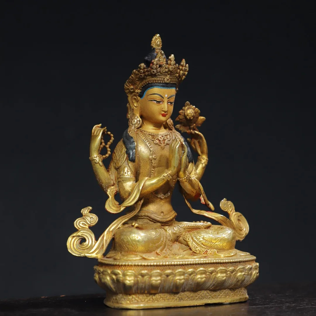 6"Tibetan Temple Collection Old Bronze Gilded  Face Painting Four Arm Guanyin Buddha Lotus Platform Worship Hall