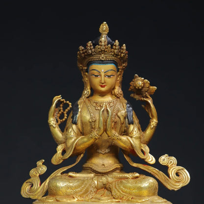 6"Tibetan Temple Collection Old Bronze Gilded  Face Painting Four Arm Guanyin Buddha Lotus Platform Worship Hall