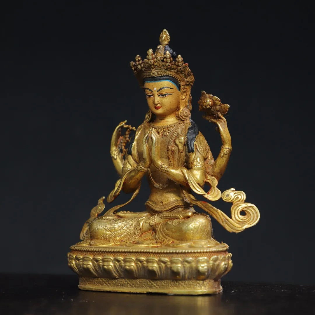 6"Tibetan Temple Collection Old Bronze Gilded  Face Painting Four Arm Guanyin Buddha Lotus Platform Worship Hall