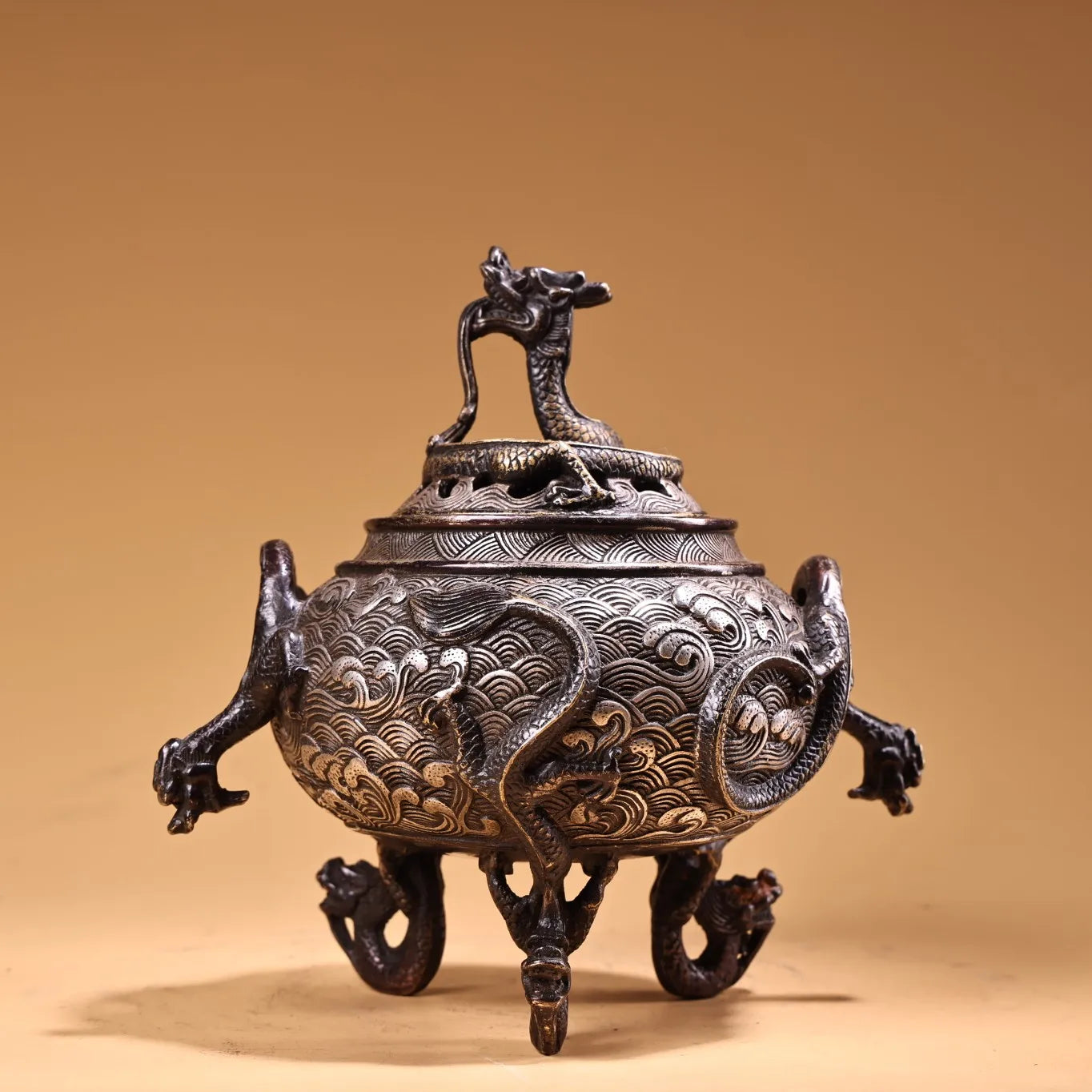 6"Tibetan Temple Collection Old Bronze Gilded silver Dragon Head Nine Dragon Incense Burner Worship Hall Town house Exorcism