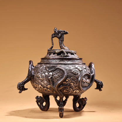 6"Tibetan Temple Collection Old Bronze Gilded silver Dragon Head Nine Dragon Incense Burner Worship Hall Town house Exorcism