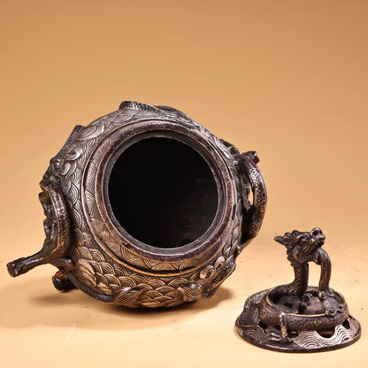 6"Tibetan Temple Collection Old Bronze Gilded silver Dragon Head Nine Dragon Incense Burner Worship Hall Town house Exorcism
